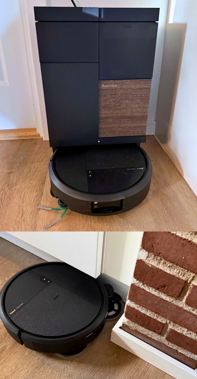 Roomba Plus 575 Combo i AutoWash-docken og i gang med gulvvask, hvor moppekluden når helt ind til gulvlisten